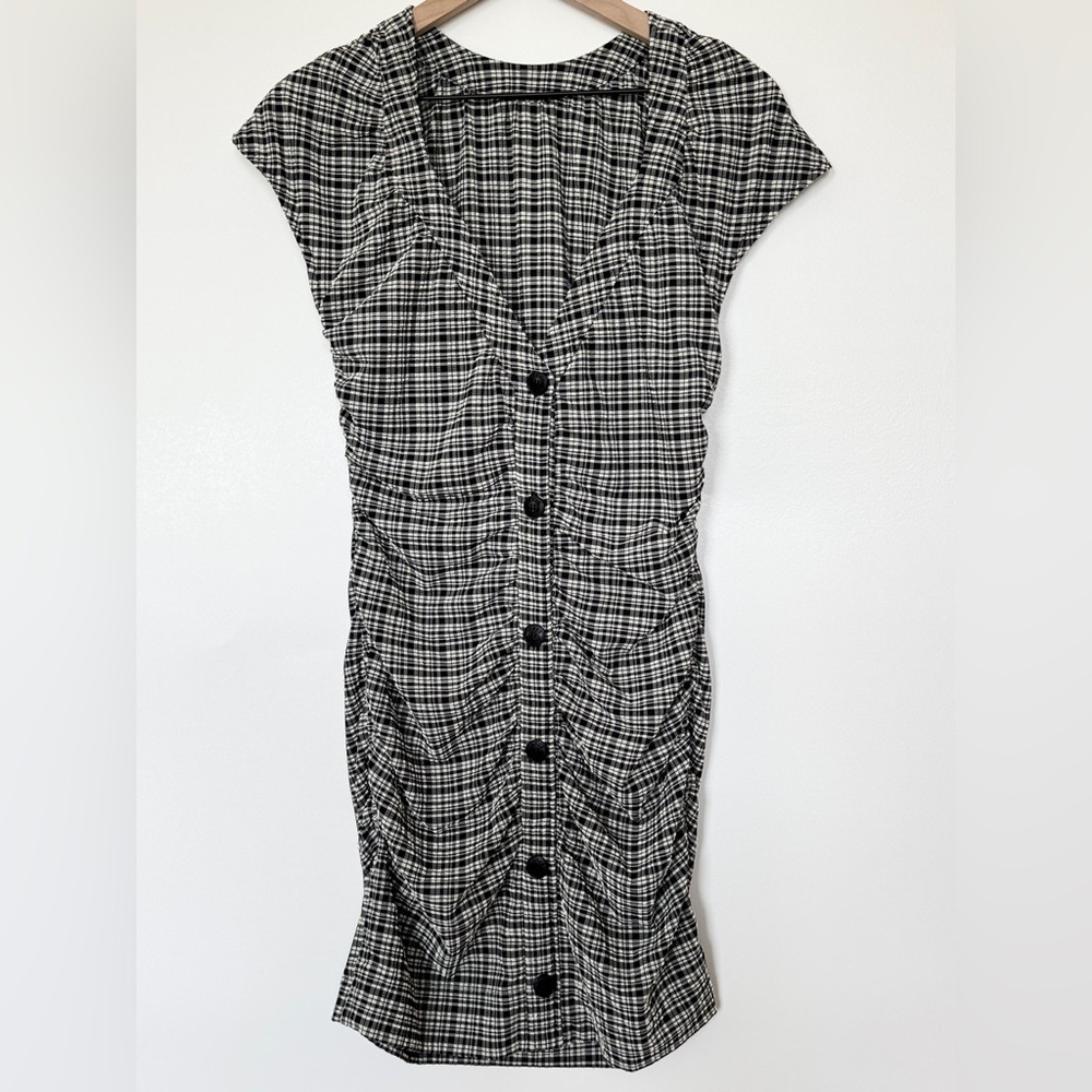 Ganni Ruched Seersucker Mini Dress In Plaid Print SZ 38/6 212 - Picture 2 of 11